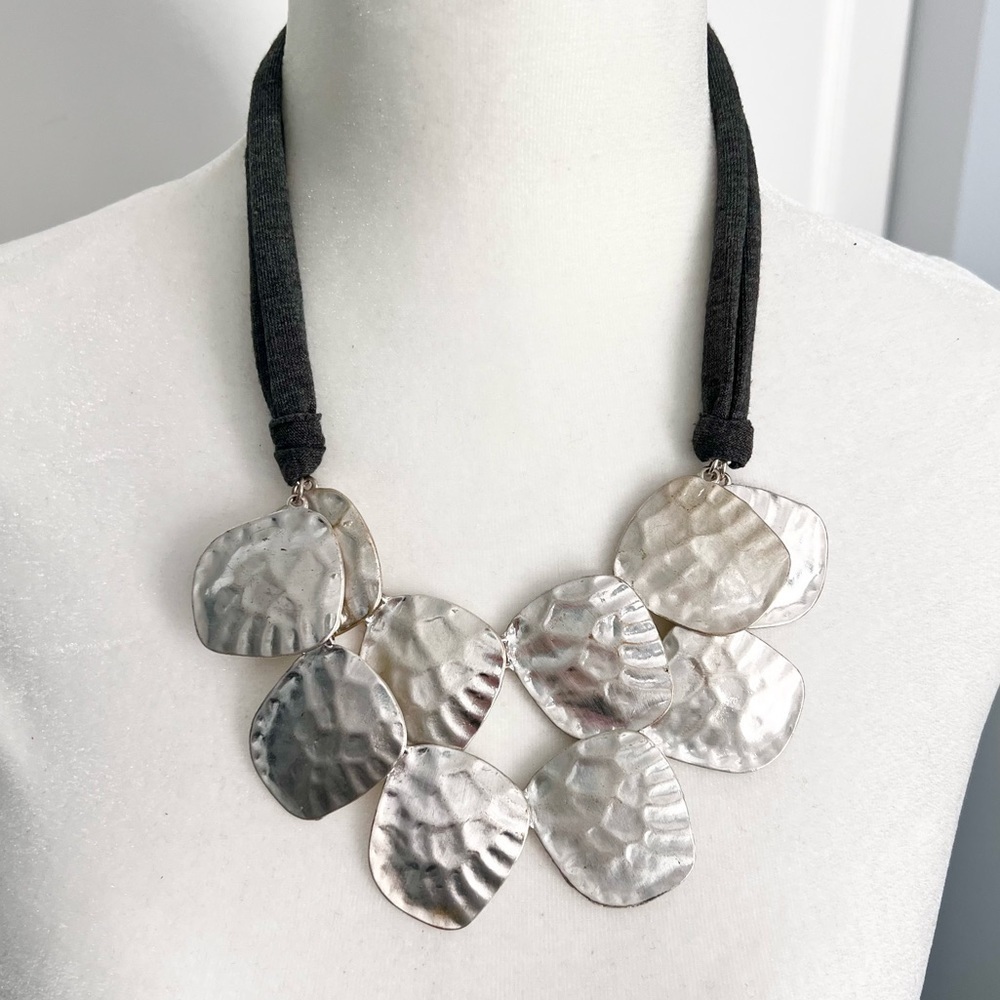 Hammered silver tone metal and fabric tie necklace